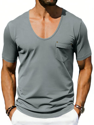 Gray cotton blend tee with scoop neck and chest pocket.
