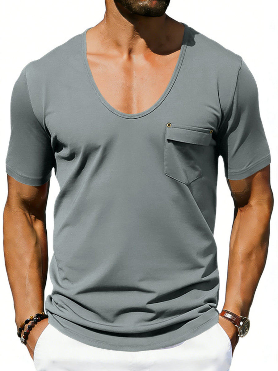 Gray cotton blend tee with scoop neck and chest pocket.