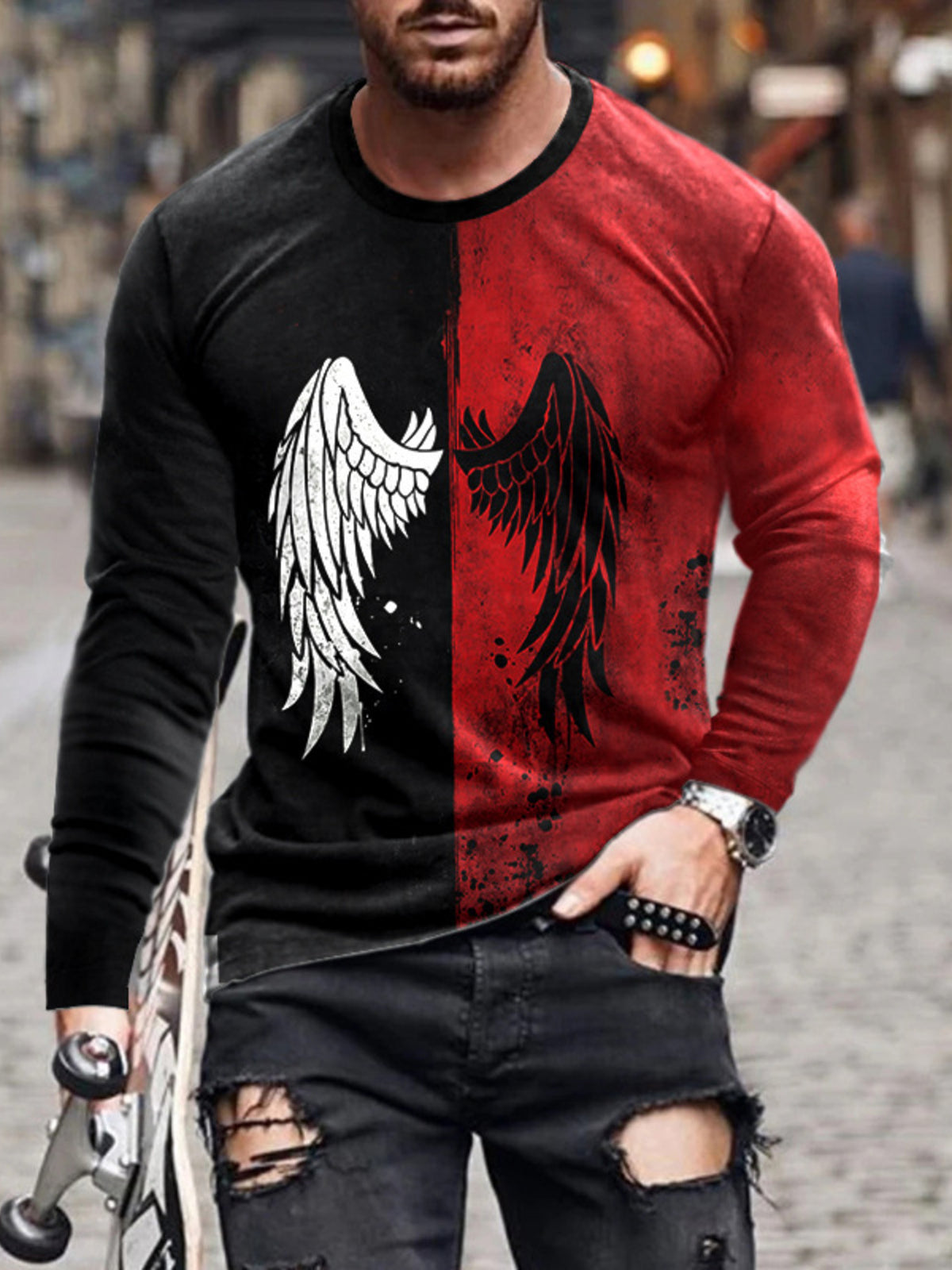 Burgundy Men's Full Size Split-color Wing Graphic Long-sleeve T-shirt