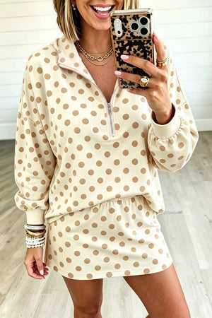 Tan lounge set with hip-length top, mini shorts and quarter-zip, elastic
