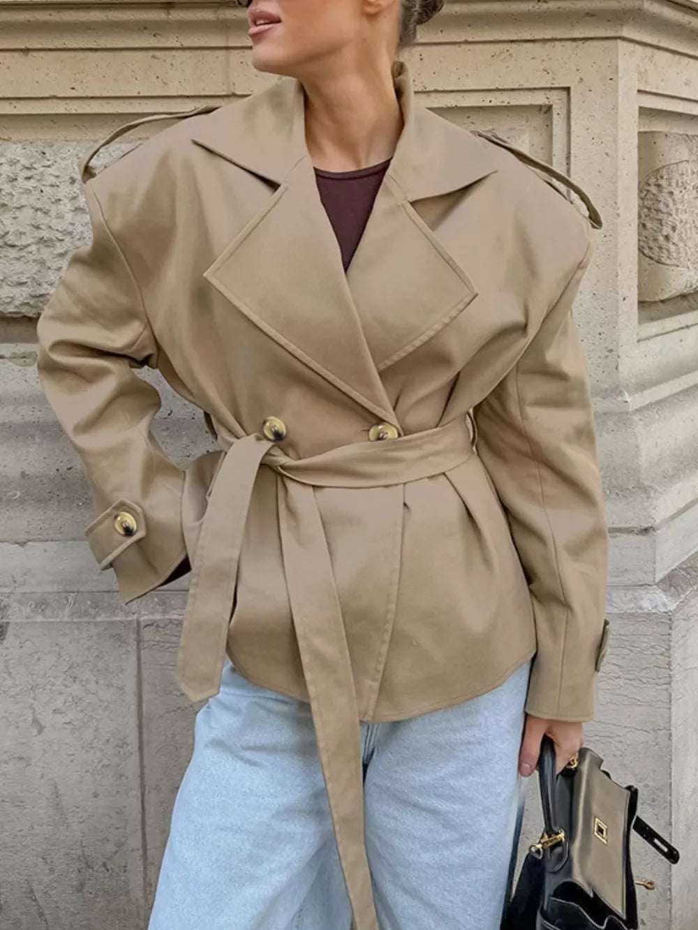 Khaki Chic Double-breasted Belted Trench Coat