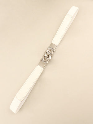 White faux leather belt with silver chain detail and silver buckle.