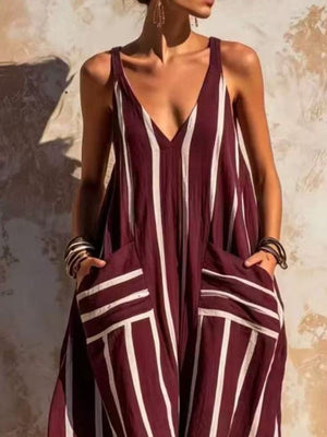 Burgundy jumpsuit with pullover and striped