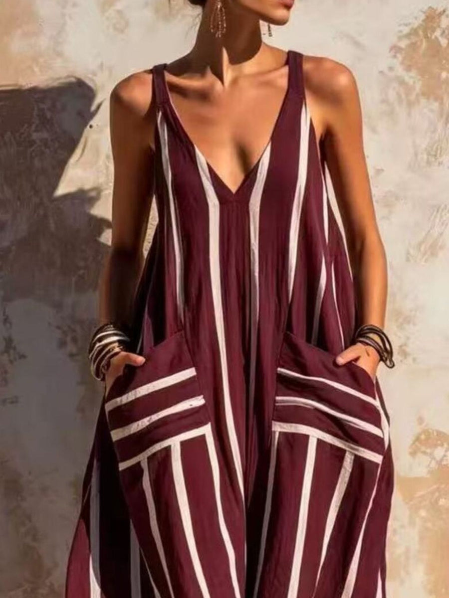 Burgundy jumpsuit with pullover and striped