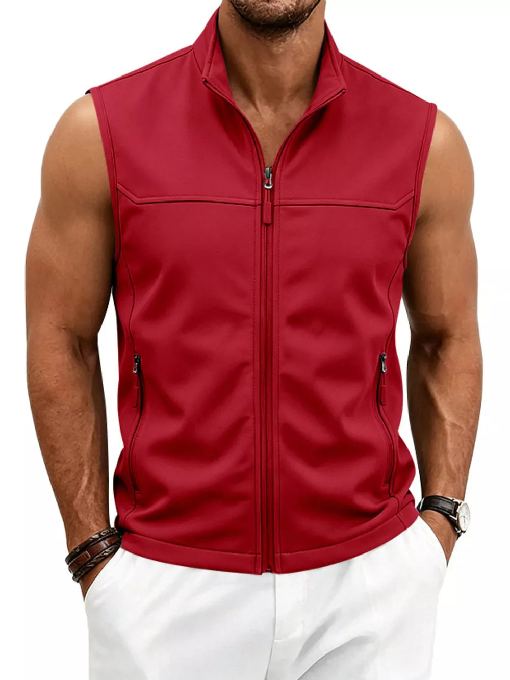 Light Gray vest with hip-length and zip-front