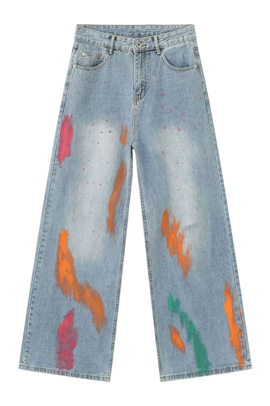 Painterly wide-leg denim jeans in light wash with abstract paint splatters and strokes in pink, orange, and green.