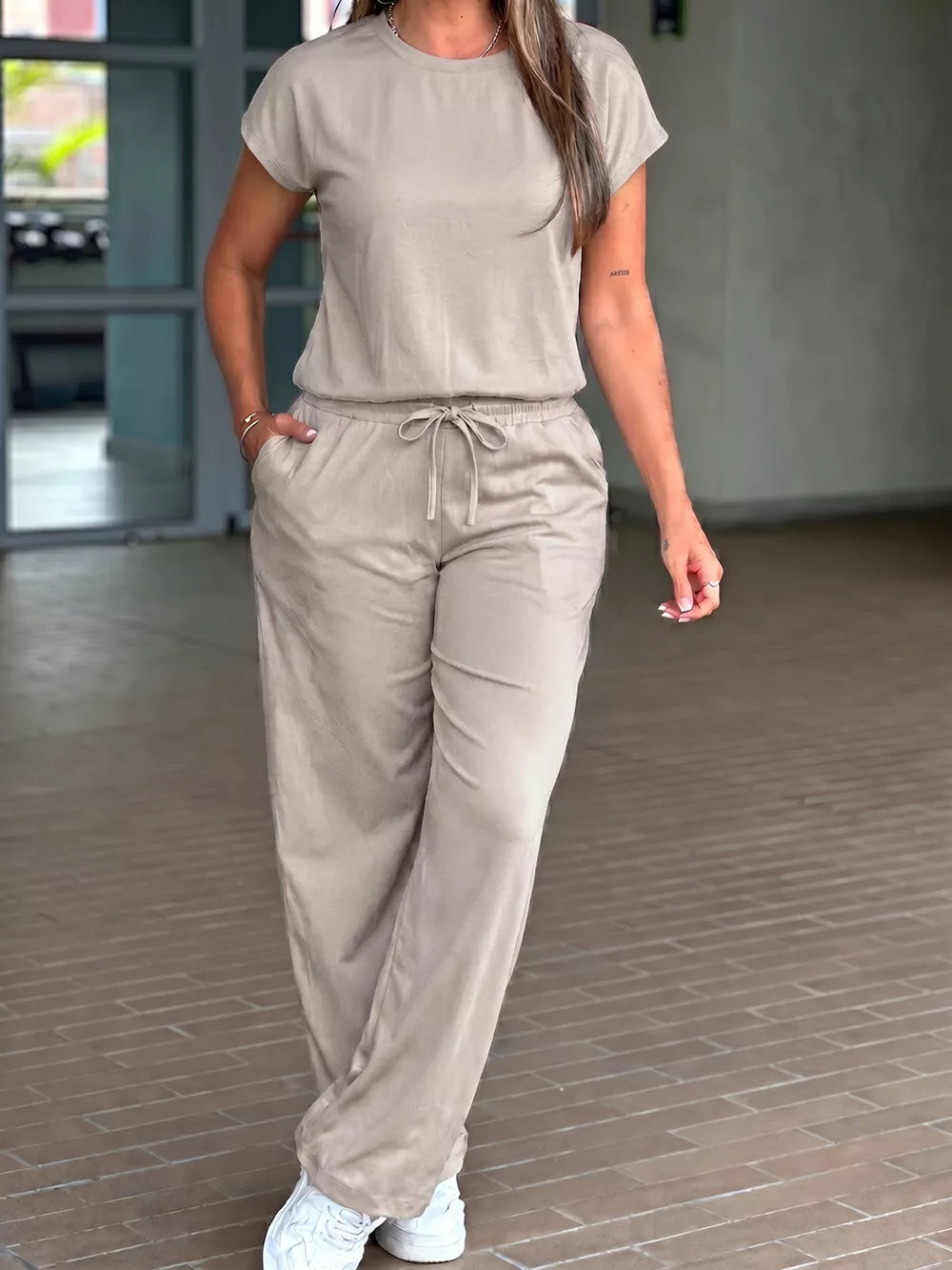Khaki with Round Neck Tee And Drawstring Pants Set
