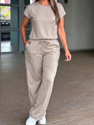Khaki with Round Neck Tee And Drawstring Pants Set