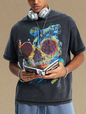 Black acid wash graphic t-shirt with abstract art print.