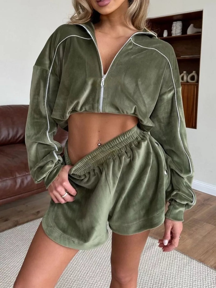 Zip-up Outerwear And Shorts Set in Yellow with contrast stitching
