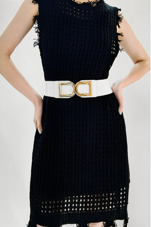 White elastic belt with double gold buckle detail