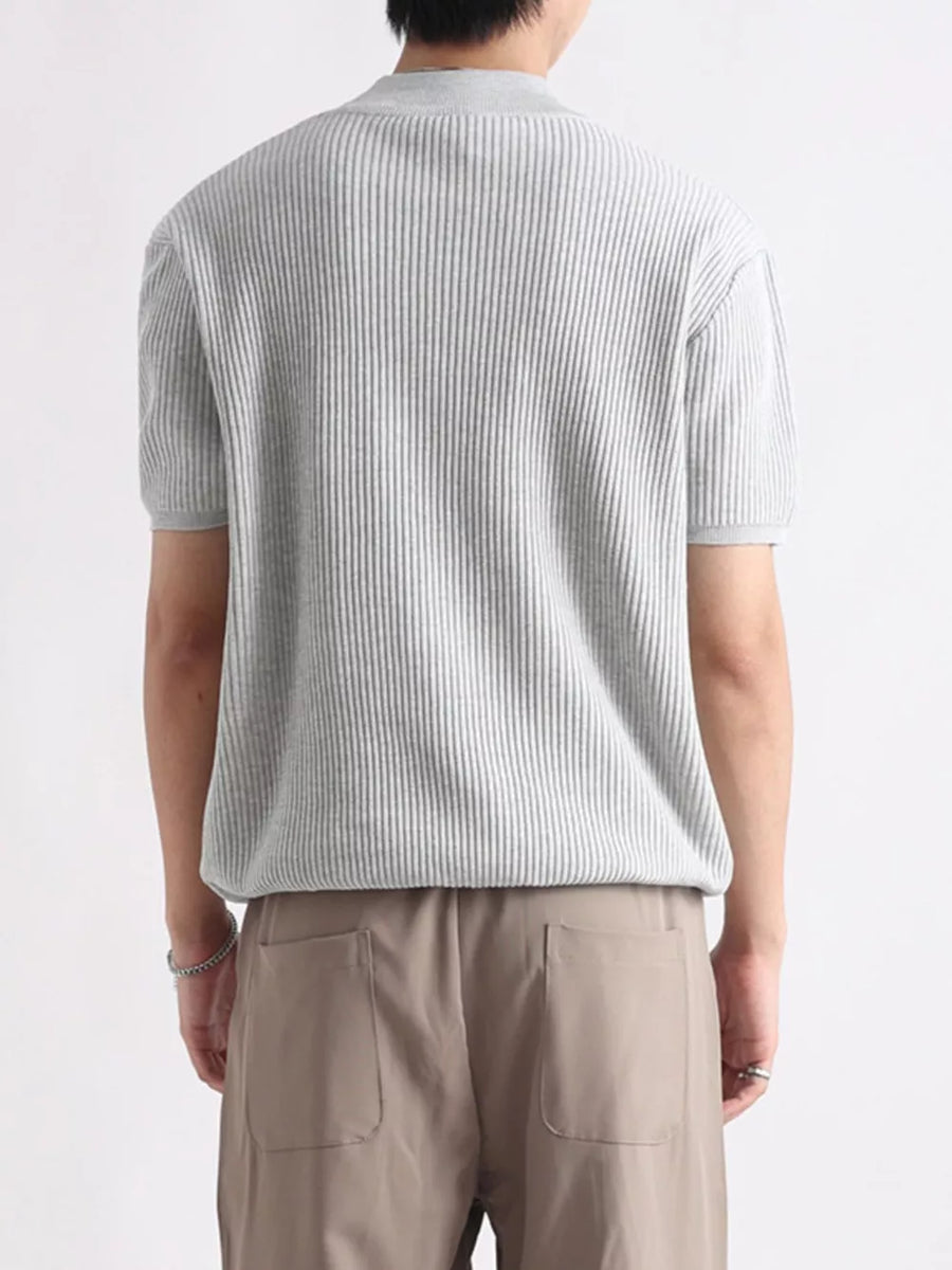 Light Gray ribbed knit mock neck t-shirt with short sleeves, shown from the back.