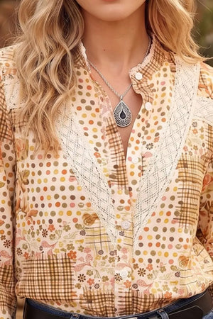 Tan with Floral Lace Trim Button Down Shirt