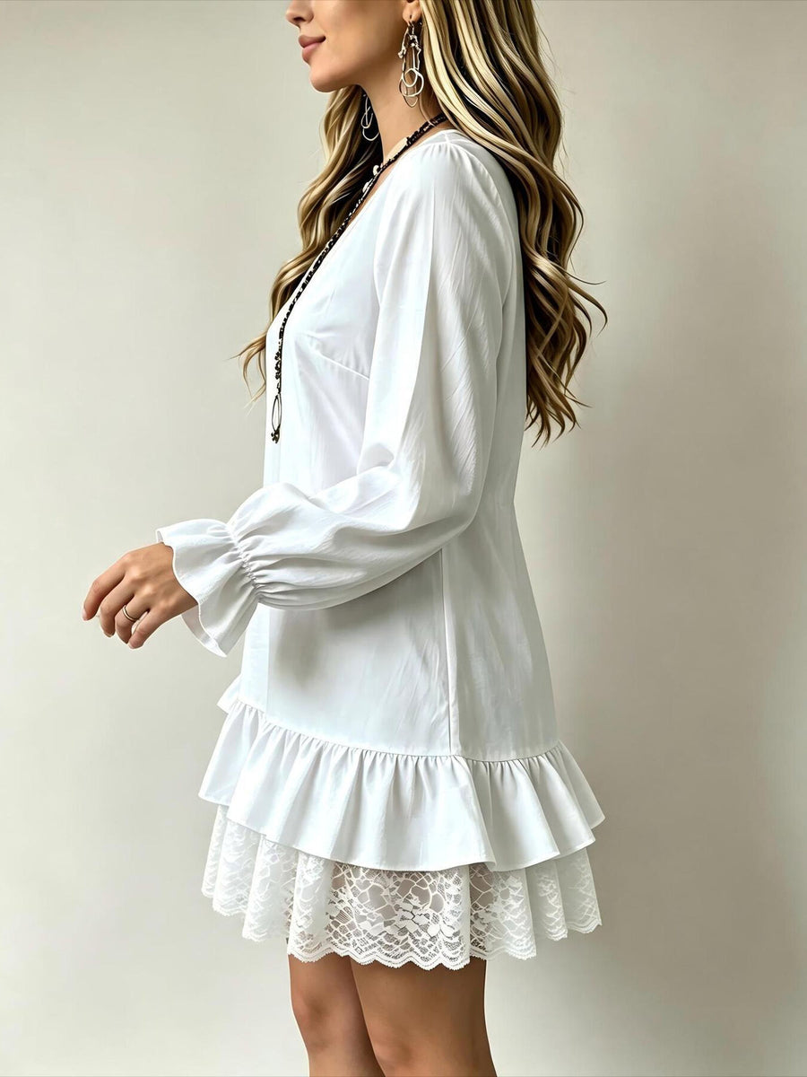 V-Neck Long Sleeve Ruffle Hem Lace Dress in Dark Blue with lace