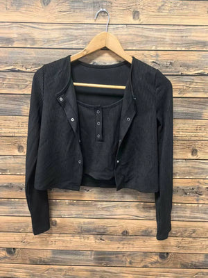 Black ribbed knit cardigan and tank set with button details