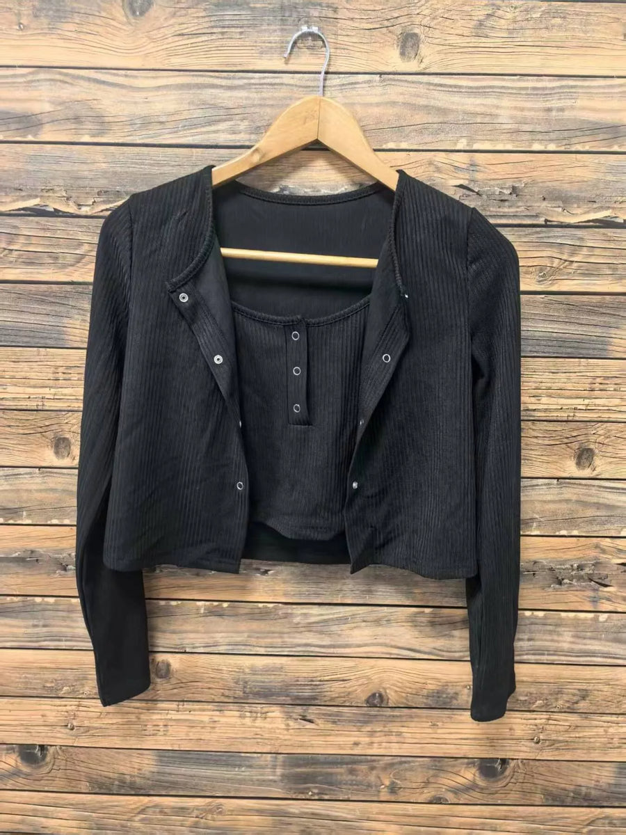 Black ribbed knit cardigan and tank set with button details