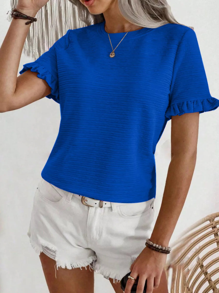 Blue textured t-shirt with ruffle short sleeves and crew neck.