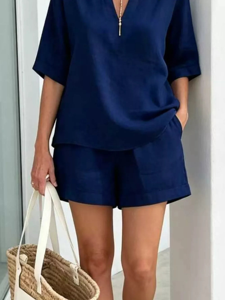 Full Size Half Sleeve Top And Shorts Set in White