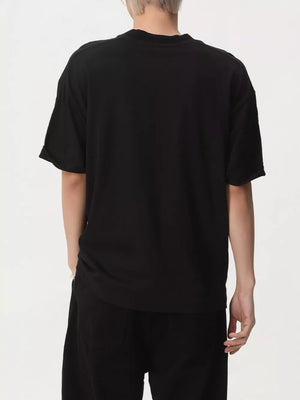 Black cotton t-shirt with crew neck and short sleeves, shown from the back.