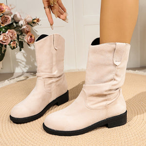 boots in Beige with round toe and mid-calf