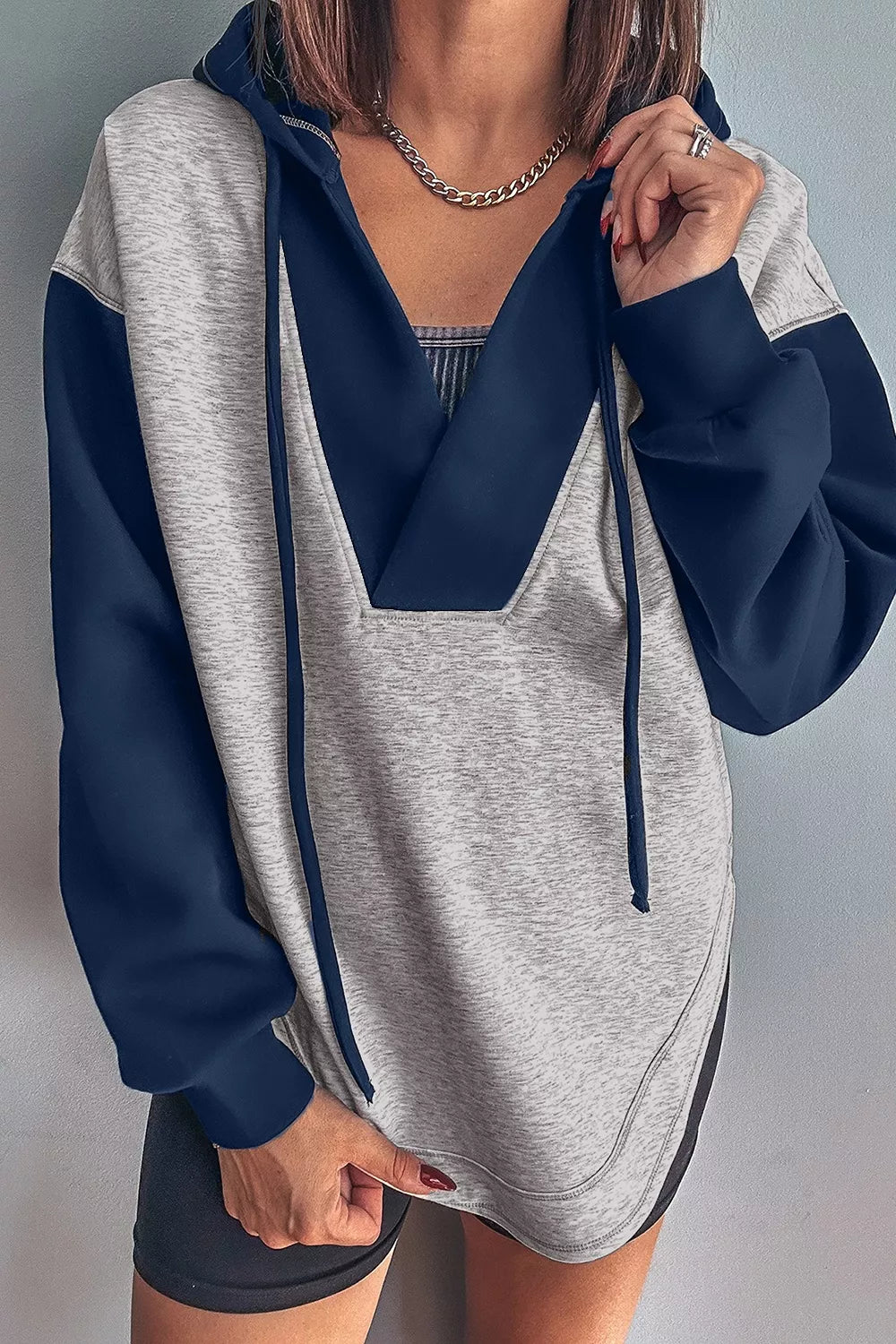 Gray Color Block V Neck Drawstring Hoodie