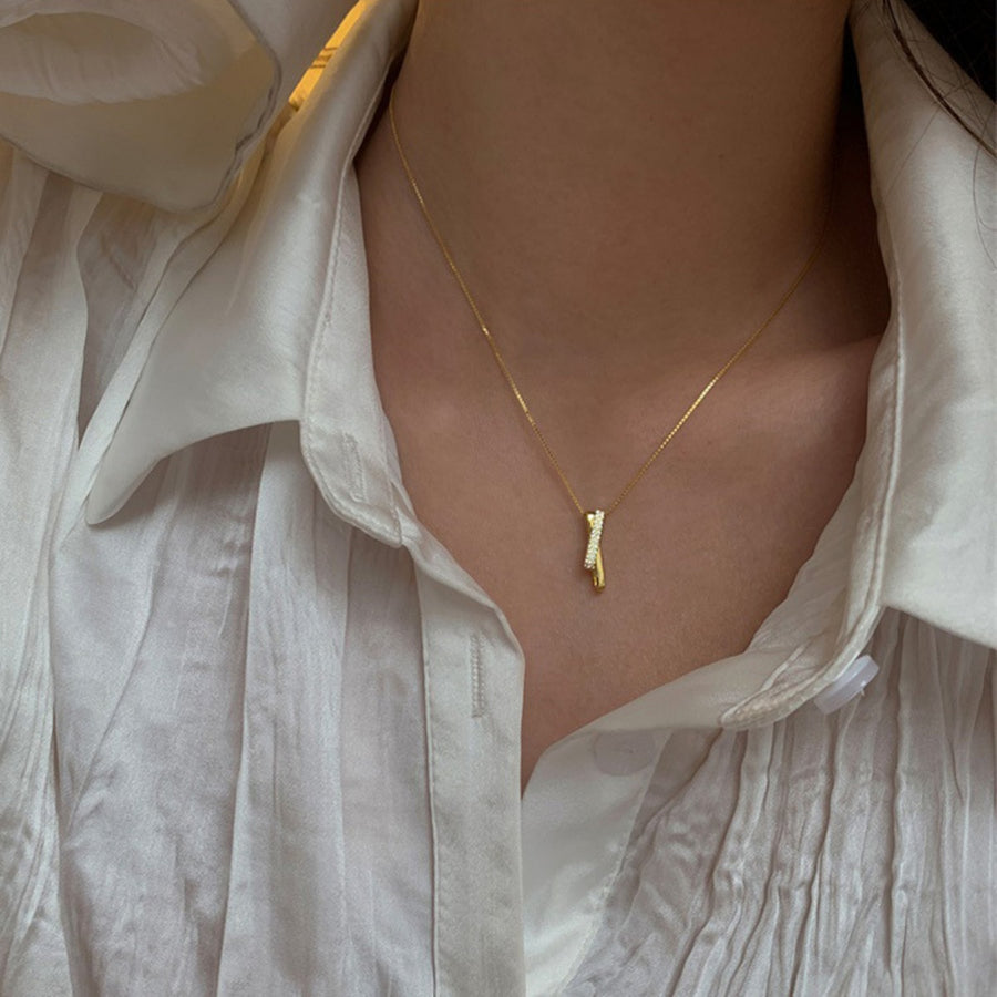Gold sterling zircon pendant necklace with box chain, delicate crossover design