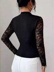 Black with Lace Trim Cutout Front Top in Black