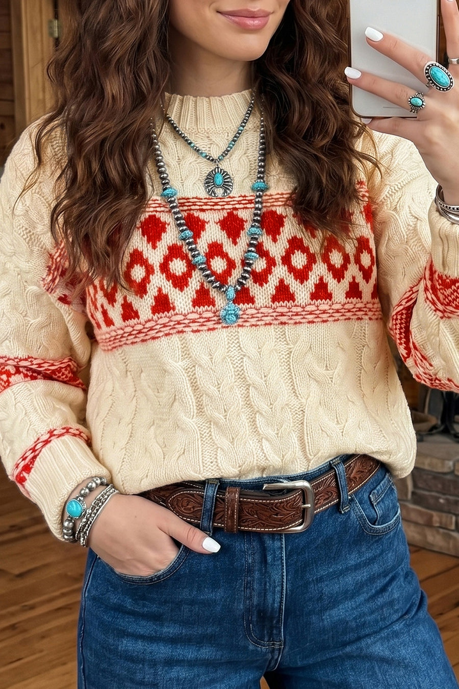 pullover sweater in Deep Red with geometric and cable knit