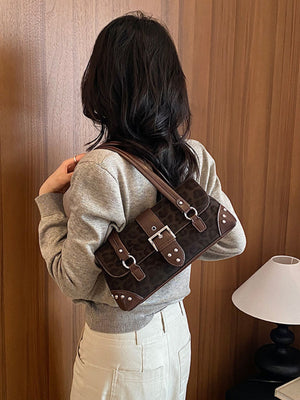 Leopard Buckle Detail Shoulder Bag in Brown with buckle detail