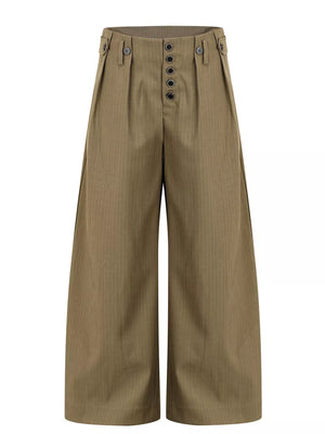 Olive wide-leg sweatpants with pinstripes and a button-fly closure.