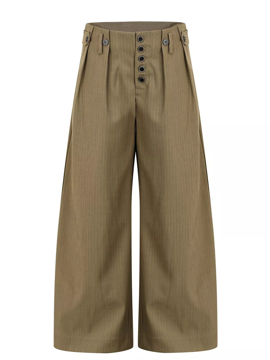 Olive wide-leg sweatpants with pinstripes and a button-fly closure.