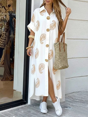 Floral Print Button-down Maxi Shirt Dress in Tan