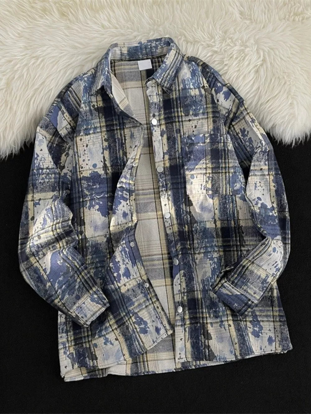 Men's Plus Size Plaid Button Up Casual Shacket in Blue