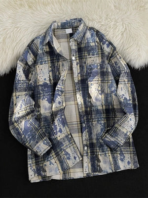 Men's Plus Size Plaid Button Up Casual Shacket in Blue