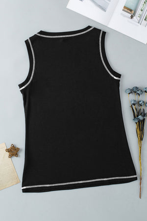 Black sequin leopard graphic tank top with contrast stitching.