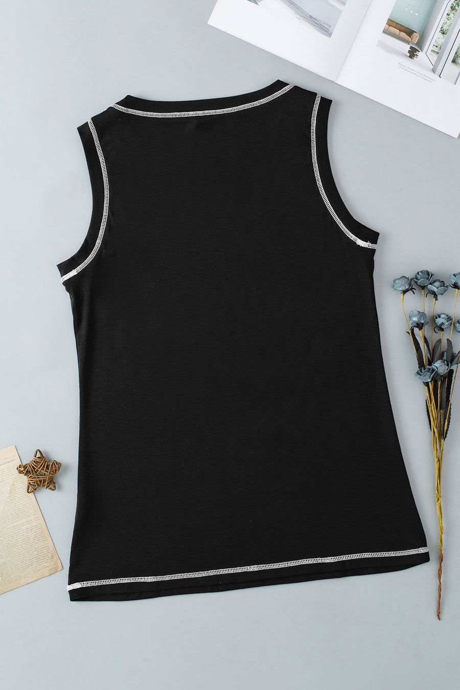 Black sequin leopard graphic tank top with contrast stitching.