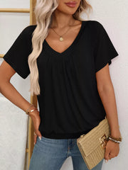 Black ruched V-neck t-shirt with banded hem and short sleeves.