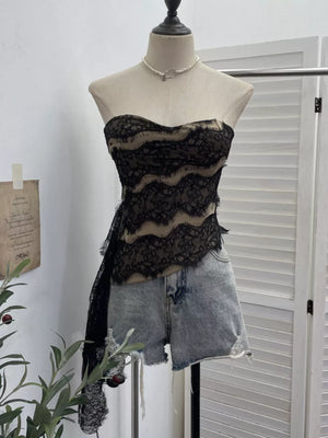 Black Lace Tube Top With Asymmetrical Hem