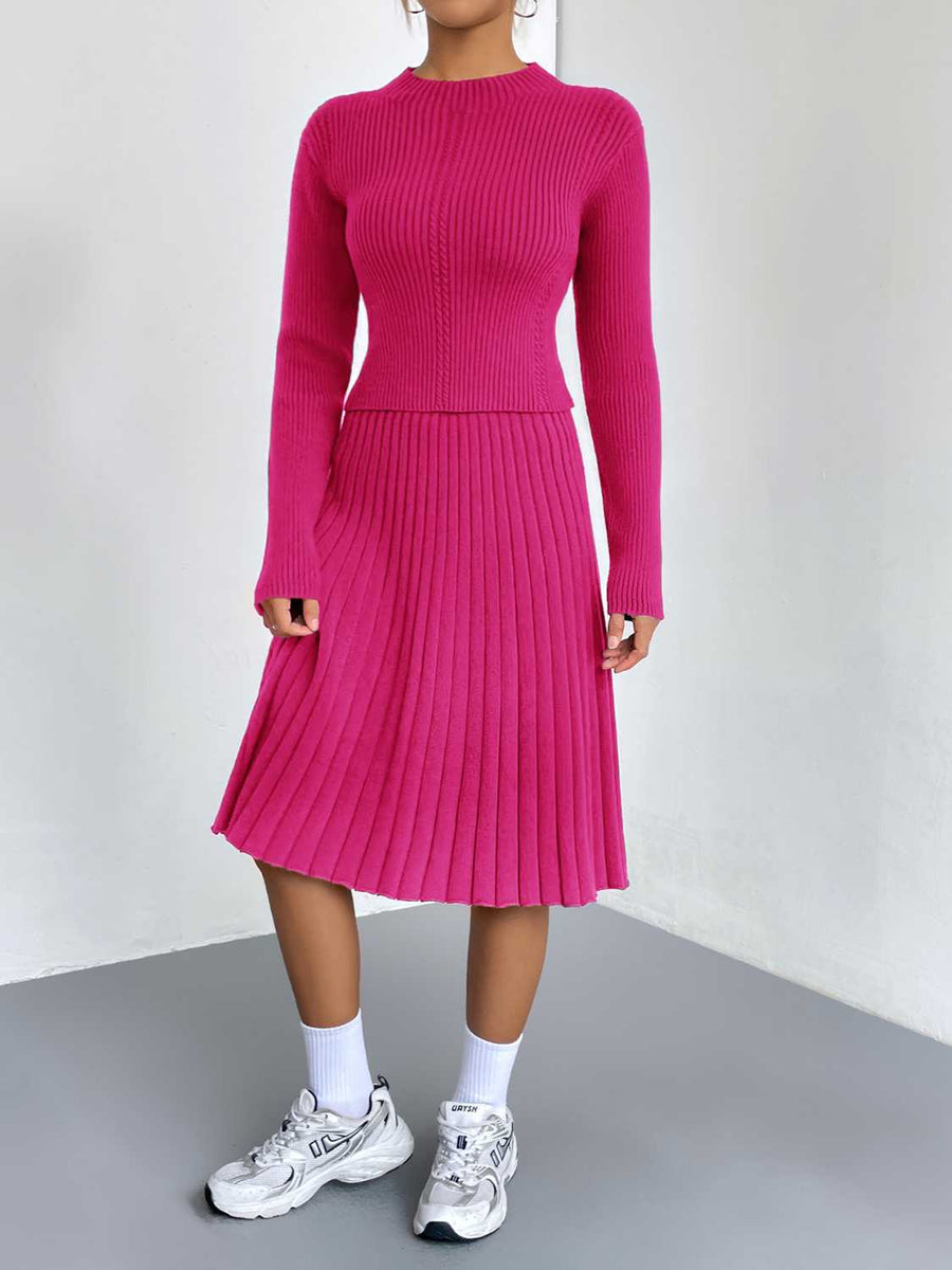 Hot Pink ribbed knit fit-and-flare co-ord with a mock neck and pleated skirt.