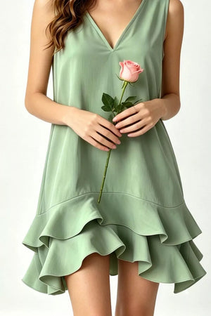 Sage tiered ruffle hem V-neck mini dress with a cotton blend fabric.