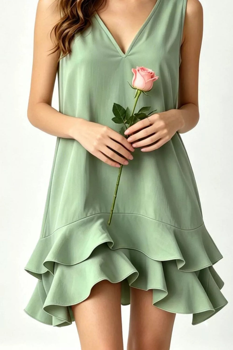Sage tiered ruffle hem V-neck mini dress with a cotton blend fabric.