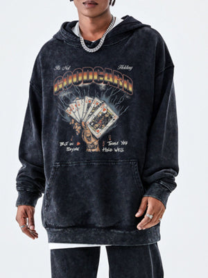 charcoal pullover hoodie with graphic-print and hooded