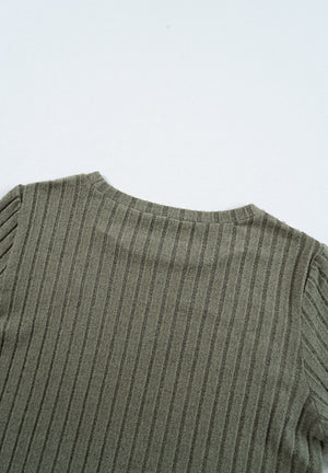 Ribbed knit top in army green with a crew neck and short sleeves.