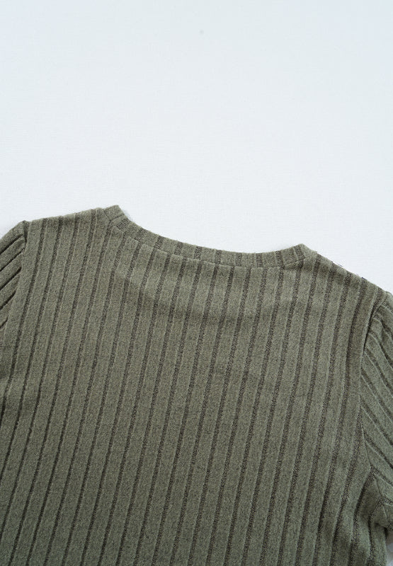 Ribbed knit top in army green with a crew neck and short sleeves.