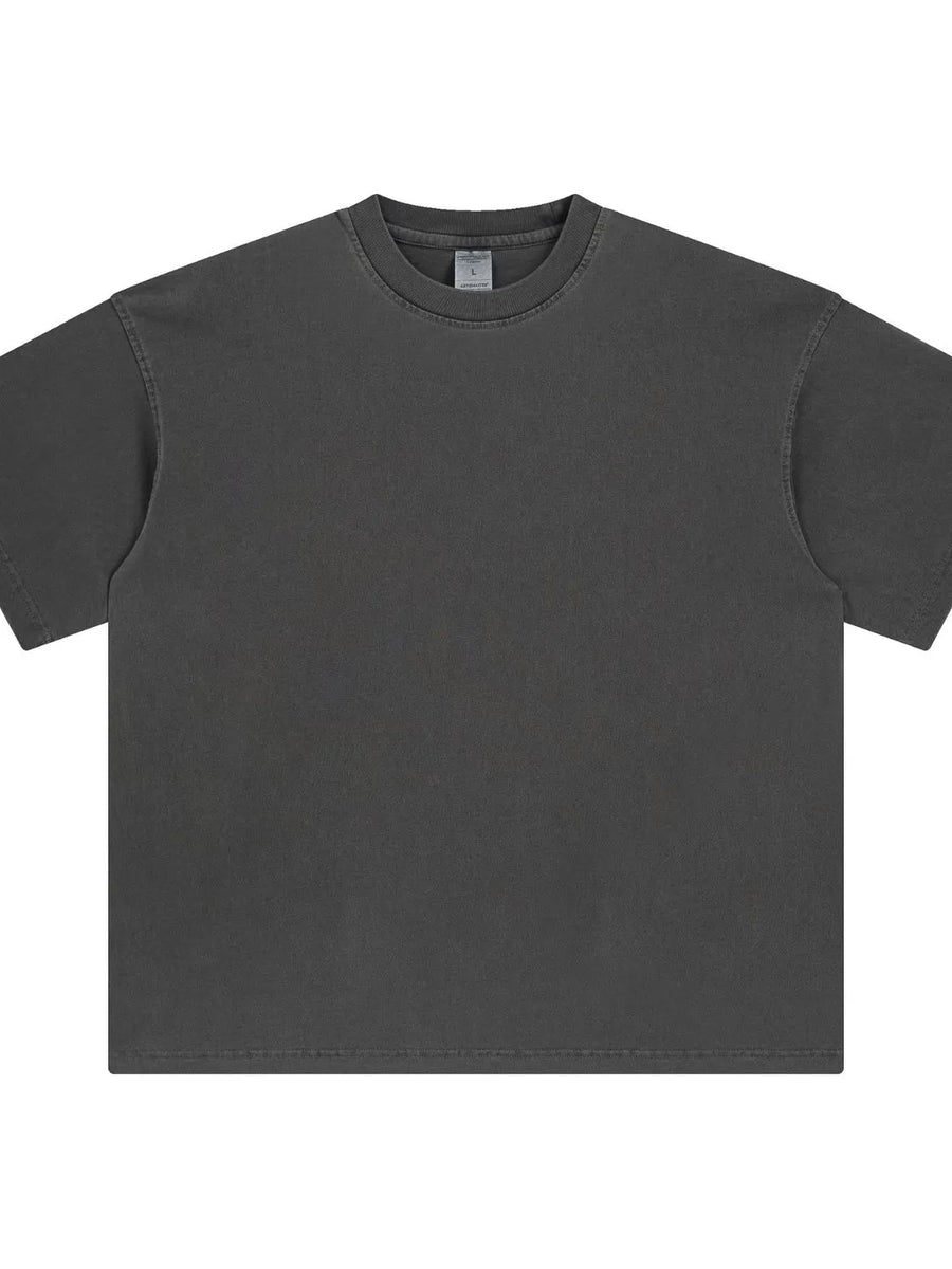 Oversized washed cotton crewneck t-shirt in dark gray with a relaxed fit and crew neckline.