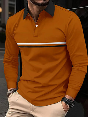 Long sleeve polo shirt in burnt orange with contrast black collar and stripe detail