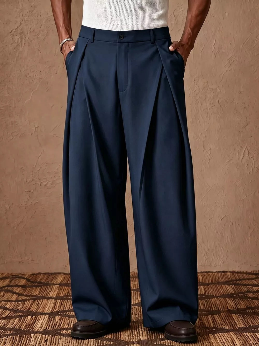 dress pants in navy blue featuring pocketed and wide-leg fit