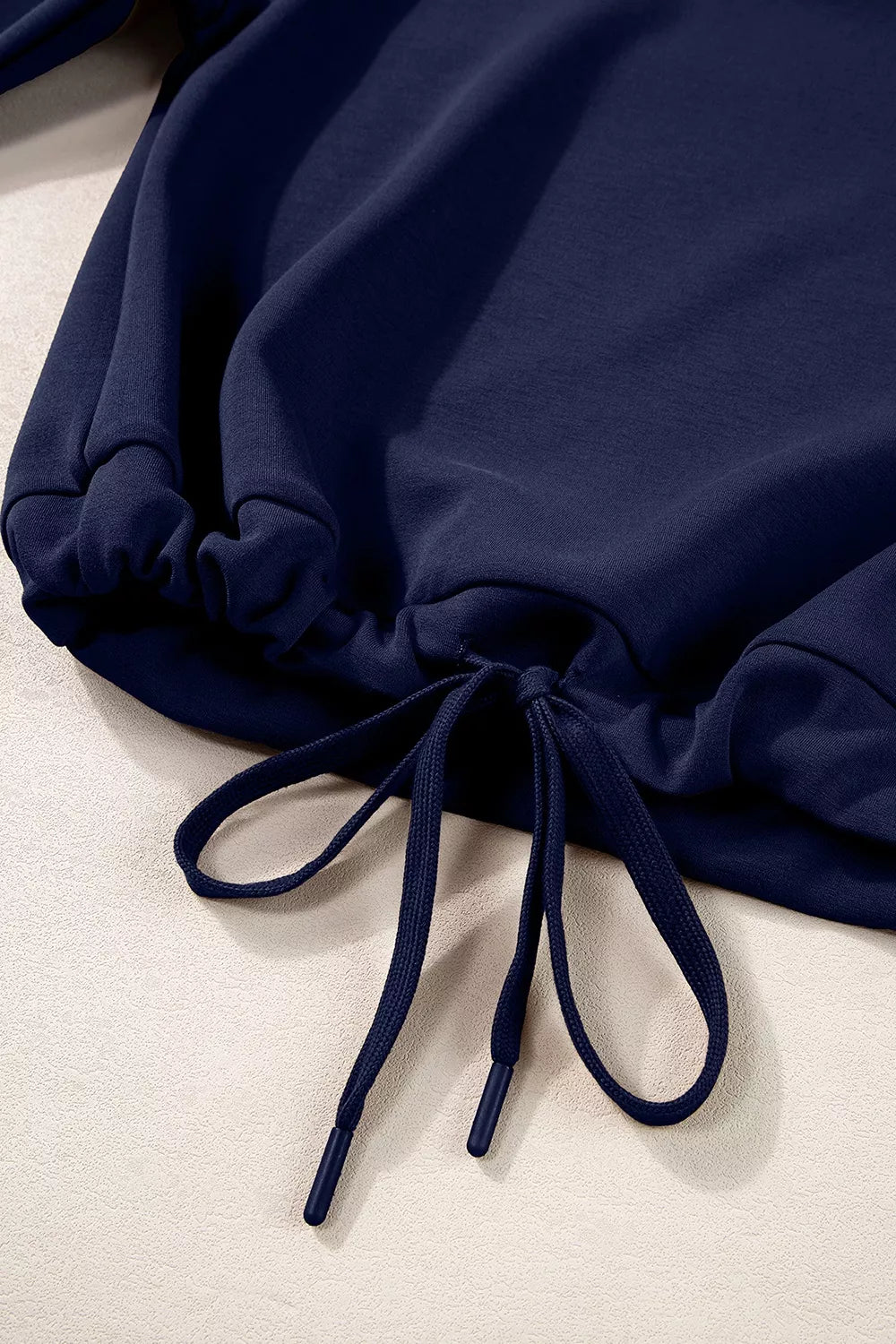 Solid Color Cowl Neck Pullover Wide Leg Pants Set in navy blue with drawstring waist