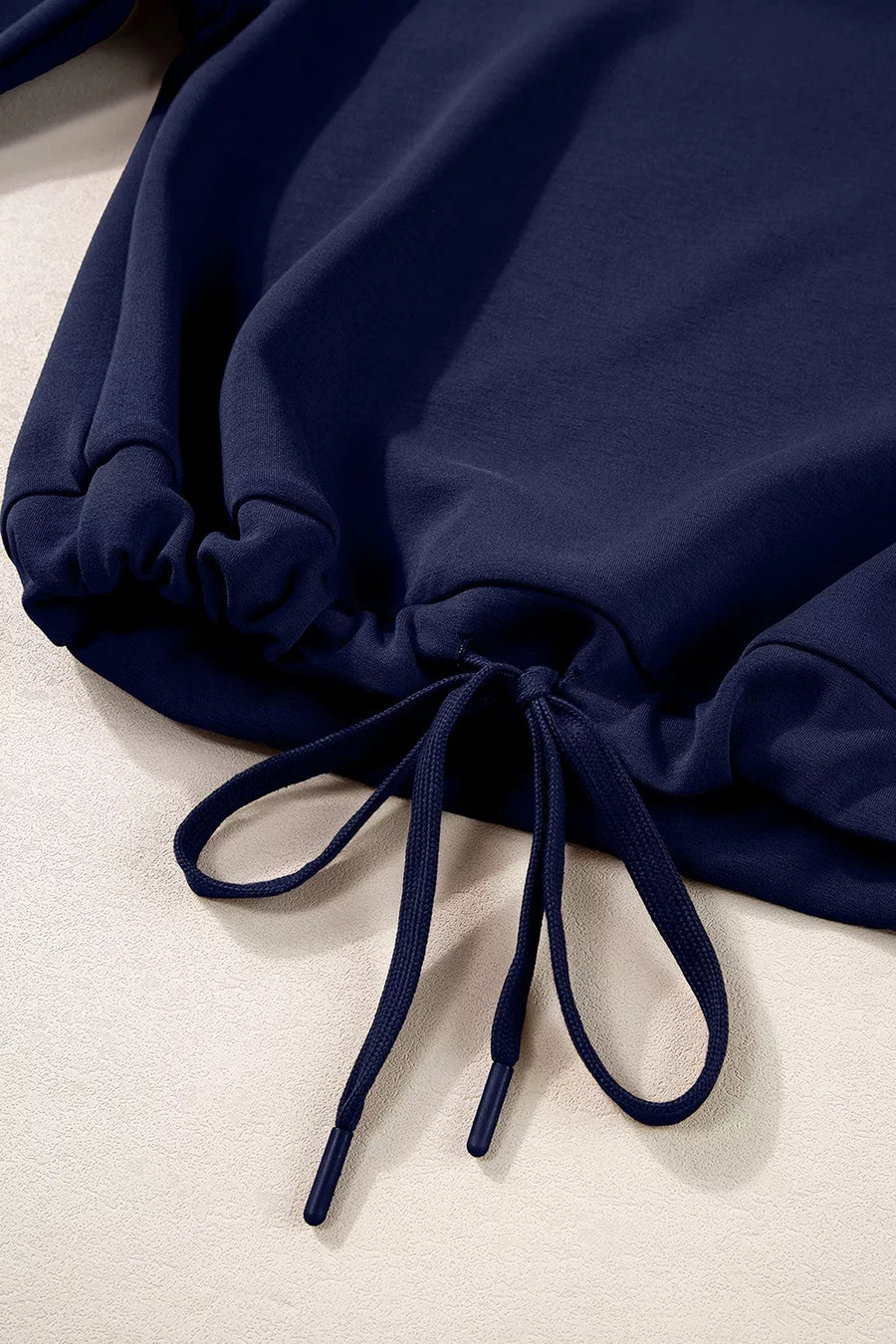 Solid Color Cowl Neck Pullover Wide Leg Pants Set in navy blue with drawstring waist