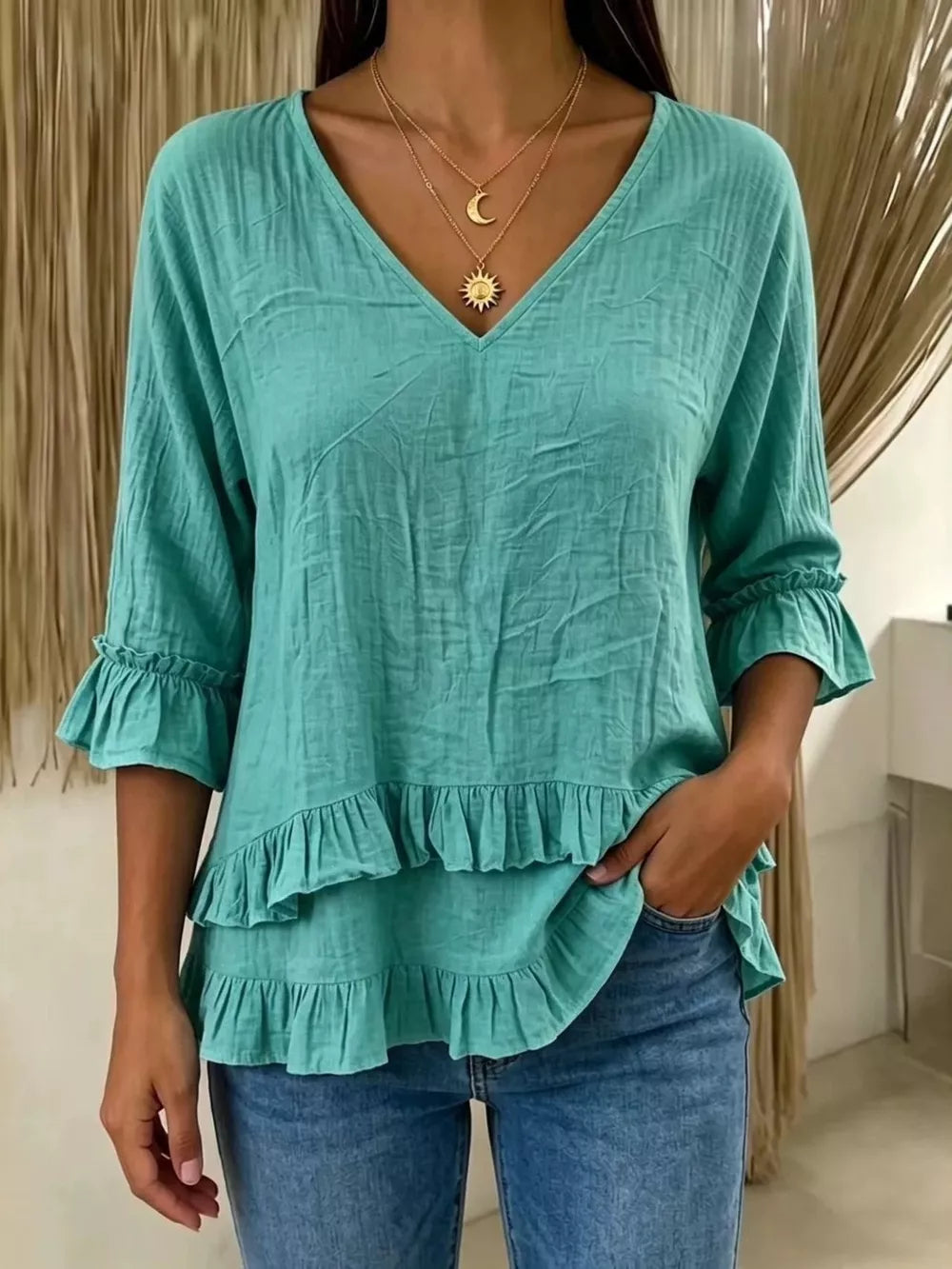 White V-neck Ruffle Sleeve Top